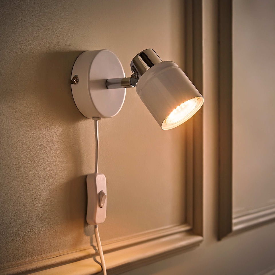image 1 of ValueLights Modern White And Chrome Spotlight Wall Light With Cable And Switch | White