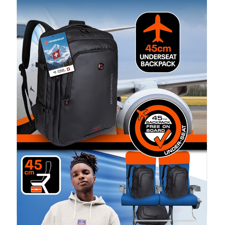 image 1 of Crossgear iTOUR 45cm Underseat Cabin Backpack with Built-In Vacuum Compression Pack - Airline Approved, USB Charging, 32L, Water Resistant, Easyjet Compatible - USB Pump Included