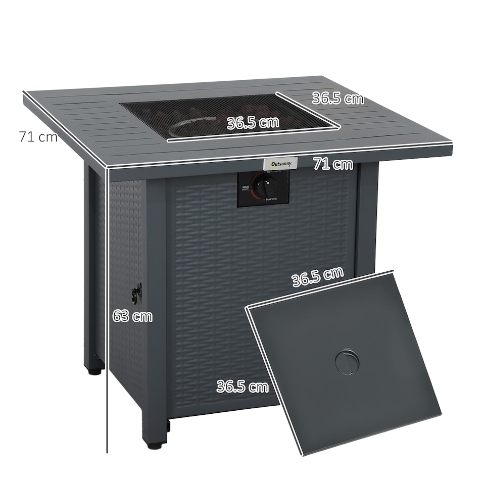 image 1 of Outsunny Rattanstyle Propane Gas Fire Pit Table with 40,000 BTU Burner, Square Smokeless Firepit Patio Heater with Thermocouple, Lava Rocks, Waterproof Cover, Spark Guard and Lid | Grey | Grey | 71L x 71W x 63H cm