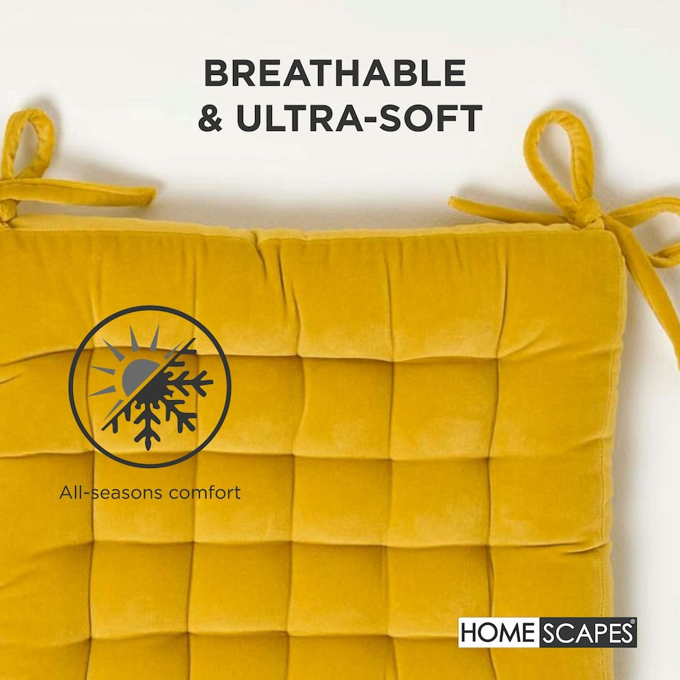 image 1 of Homescapes Set of 4 Seat Pads Luxury 100% Cotton Velvet Indoor Outdoor Garden Dining Cushion Yellow | 40 x 40 cm