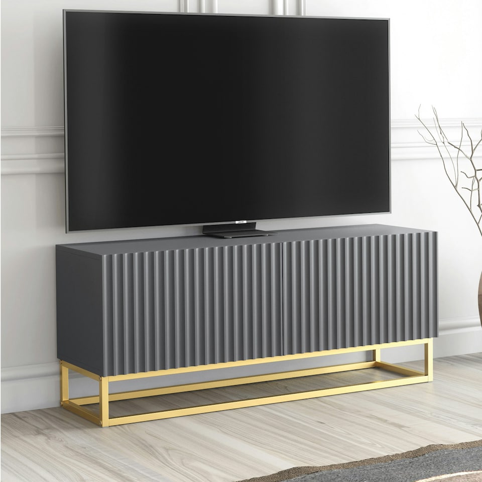 image 1 of TV Unit 100cm Grey Matt Fluted Fronts with Gold Metal Base Grey