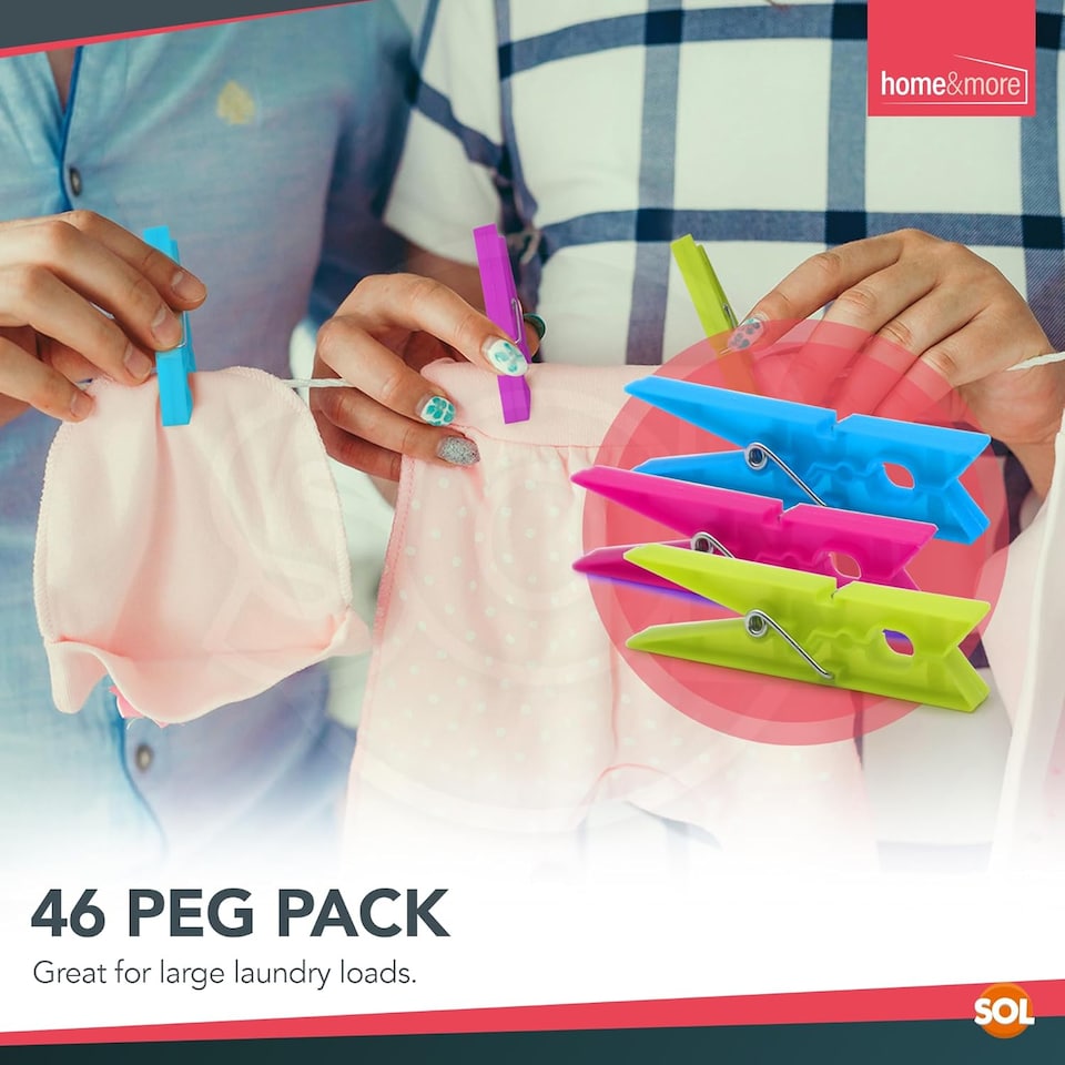 image 1 of 46pk Plastic Clothes Pegs – Extra Strong Water-Resistant Laundry Clips in Assorted Colours, Gentle on Fabric with Secure Hold in Windy Conditions