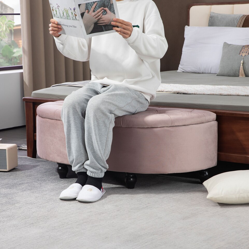 image 1 of HOMCOM Semi-Circle Ottoman Storage Bench, Bed End Bench, Tufted Upholstered Window Seat Footrest Stool with Rubberwood Legs for Bedroom & Entryway, 120 x 46 x 42 cm, Pink