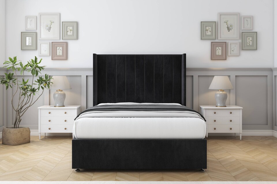 image 1 of Sloomy Falcon Black Naples Divan Bed Base 2 Drawers Foot-End With 54 Inch Wingback Headboard | Black | Black | Small Double | 1