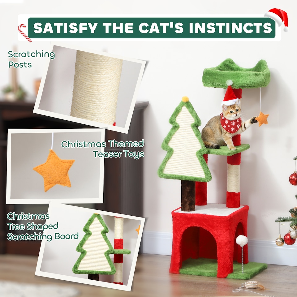 image 1 of PawHut Christmas Cat Tree, 103cm Multilevel Cat Climbing Tower with Scratching Post and Board, Condo, Platform and Toys, Kitty Activity Centre for Indoor Kittens, Green