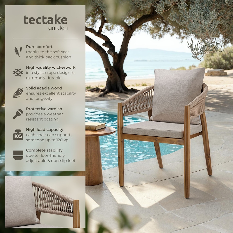 image 1 of Garden Chair Manacor in a Corded Design with Acacia Wood Frame and Matching Cushions | Cream | sand | One Size | 4