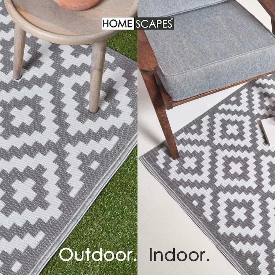 image 1 of Homescapes Outdoor Rug Luxury Waterproof Reversible Recycled, For Garden, Zoe Geometric | Grey | Grey and White