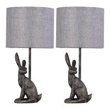 Set of 2 Henrietta - Antique Gold Rabbit Table Lamps Grey Linen Shade | Gold | Antique gold resin and grey linen | 2