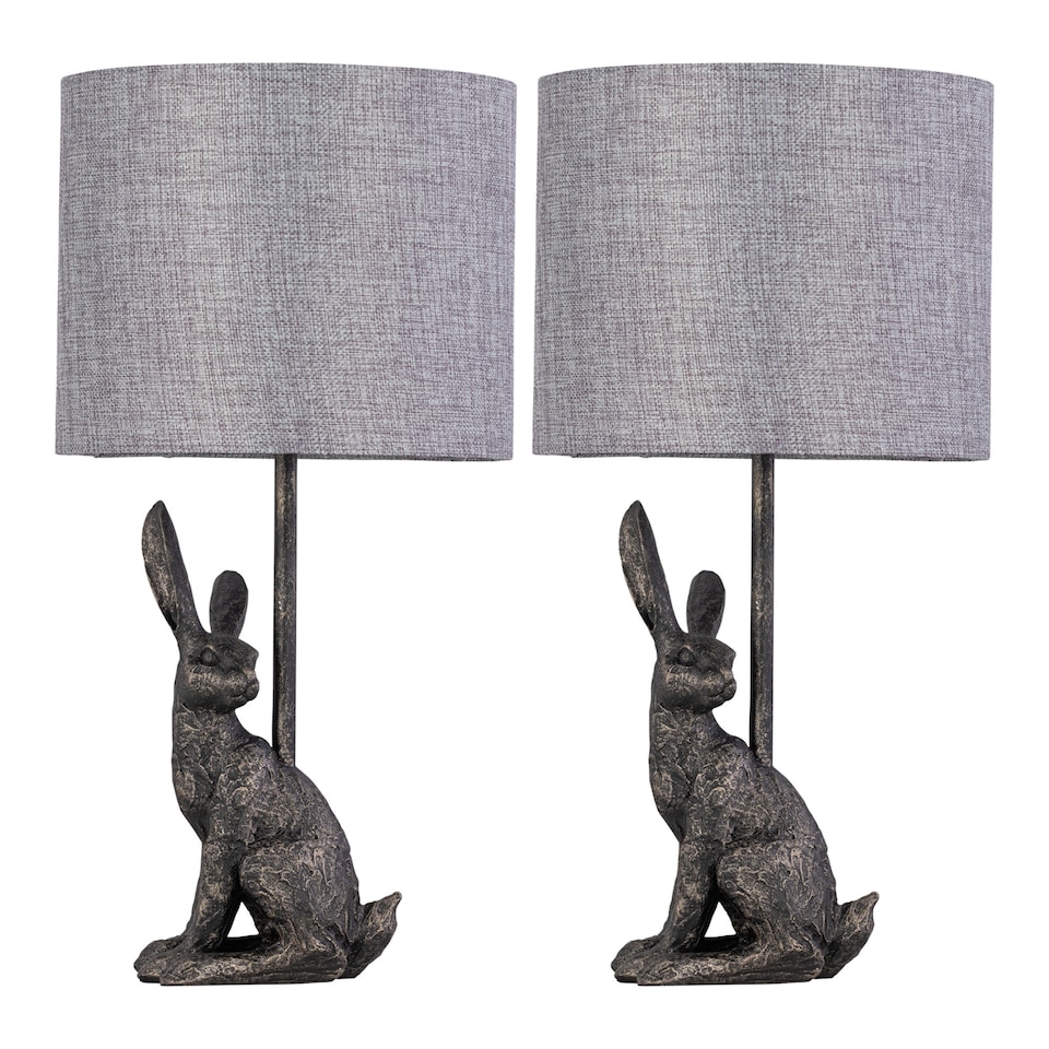 image 1 of Set of 2 Henrietta - Antique Gold Rabbit Table Lamps Grey Linen Shade | Gold | Antique gold resin and grey linen | 2