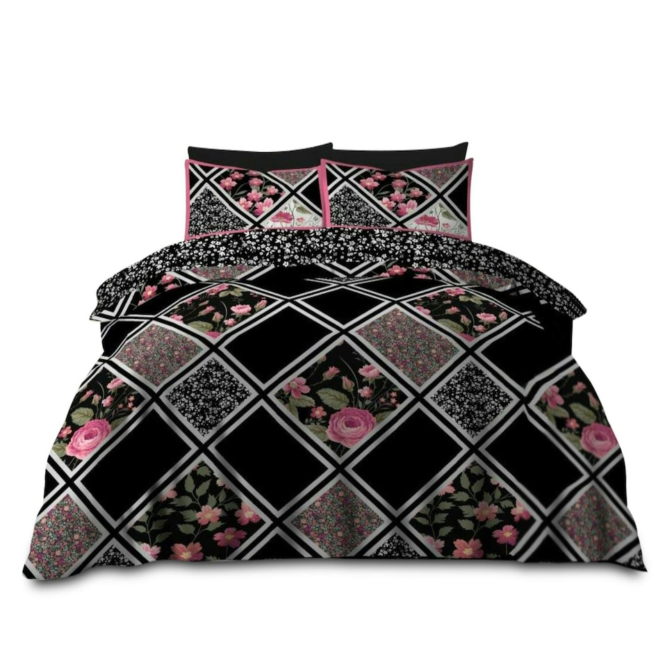 image 1 of VELVETIO Mitra Complete Duvet Cover Set with Fitted Sheet Soft Polycotton Bedding Sets Black | King