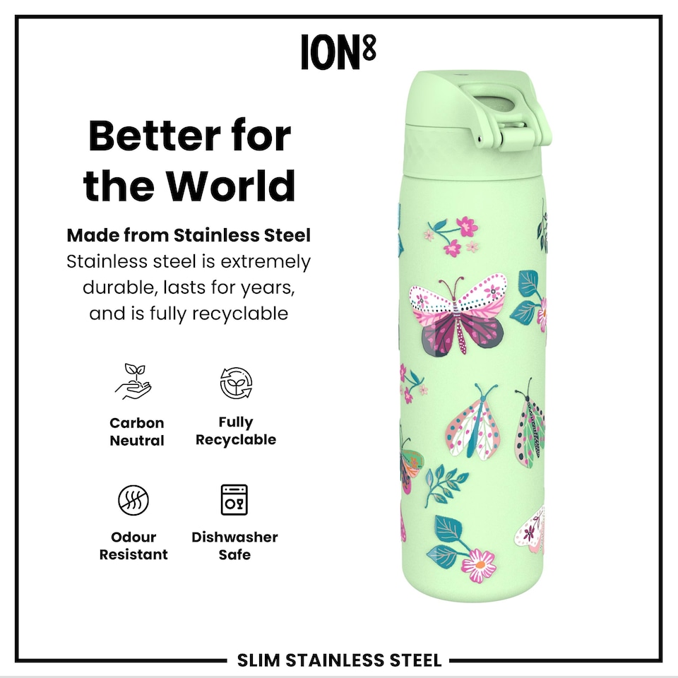image 1 of Leak Proof Slim Water Bottle, Stainless Steel, 600ml (20oz)