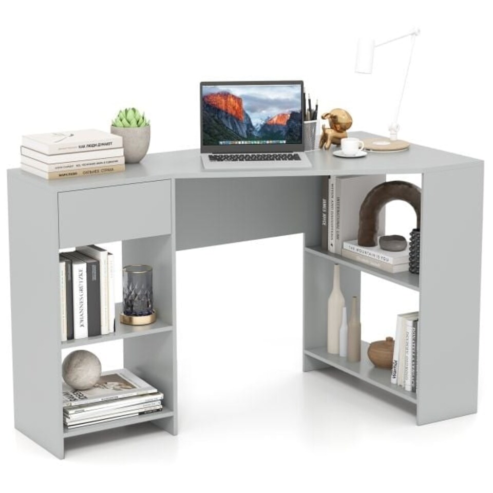 image 1 of COSTWAY L-Shaped Computer Desk with Storage Grey Grey