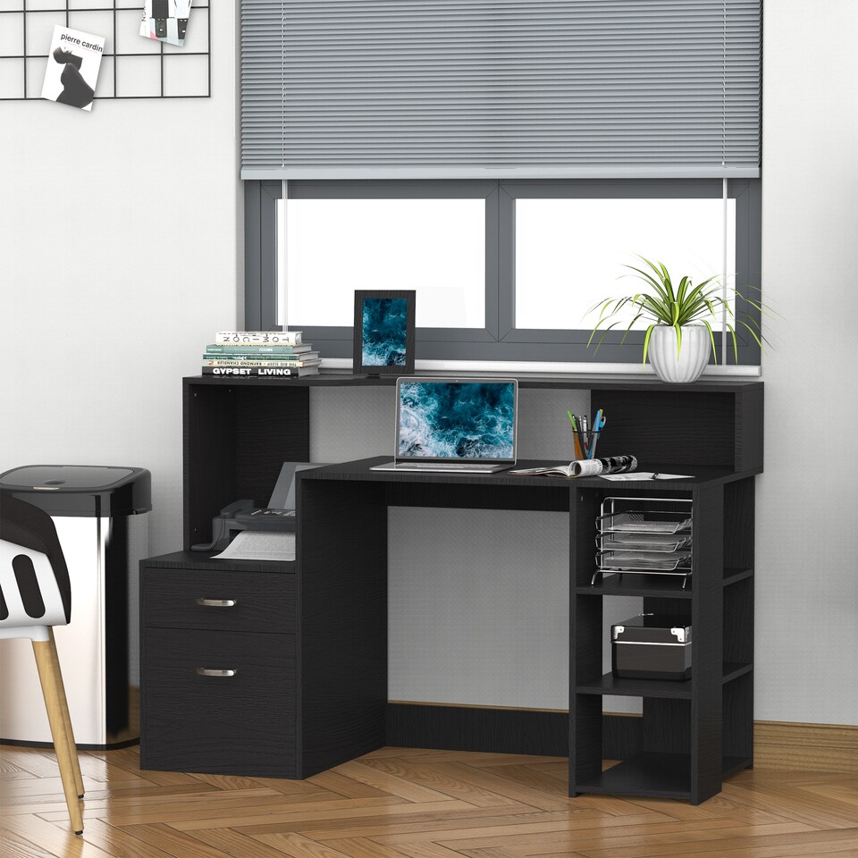 image 1 of HOMCOM Computer Desk with Drawers and Storage Shelves, Office Desk Writing Table with Printer Stand, Large Workstation for Study Play Work Home Office, 137 x 55 x 92cm, Black