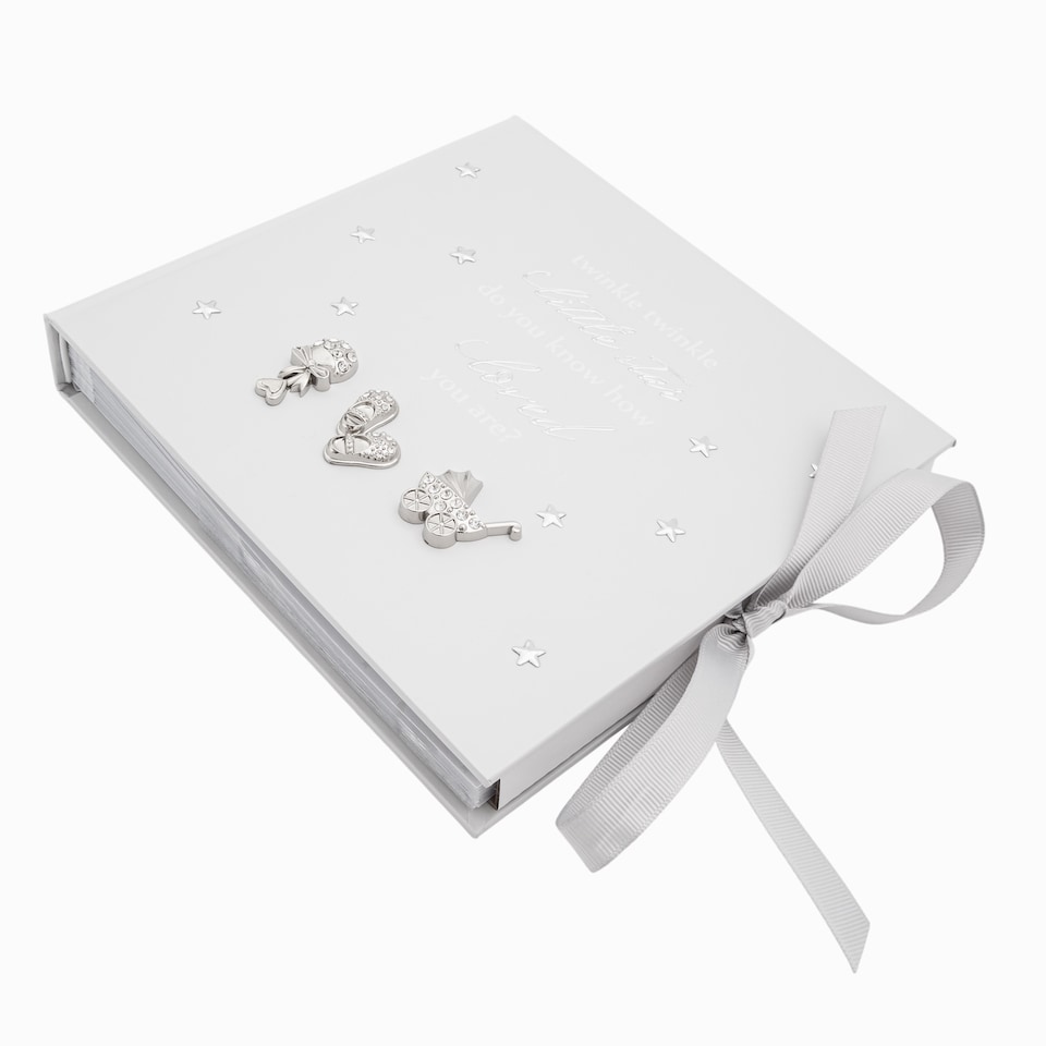 image 1 of Baby Keepsake Photo Album with Silver Plated Rattle Pram and Booties