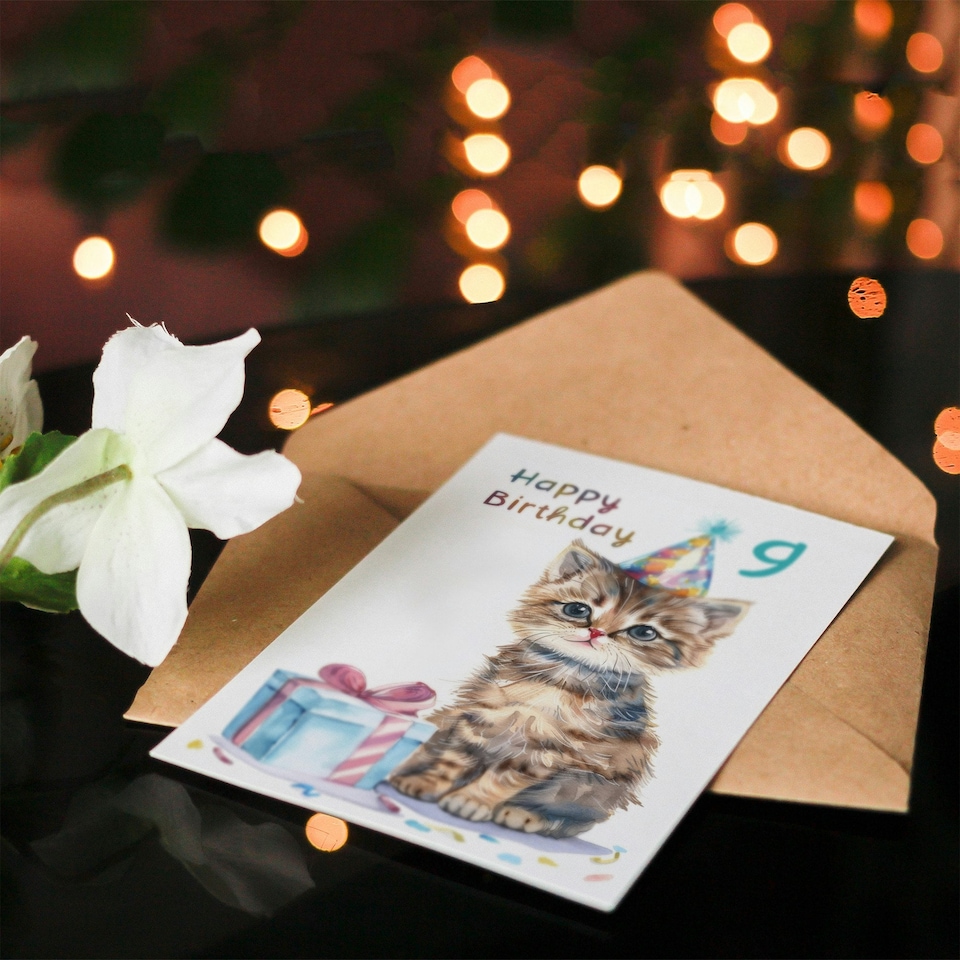 image 1 of Cute Baby Cat Kitten Party Hat Kids 9 Year Old Birthday Greeting Card
