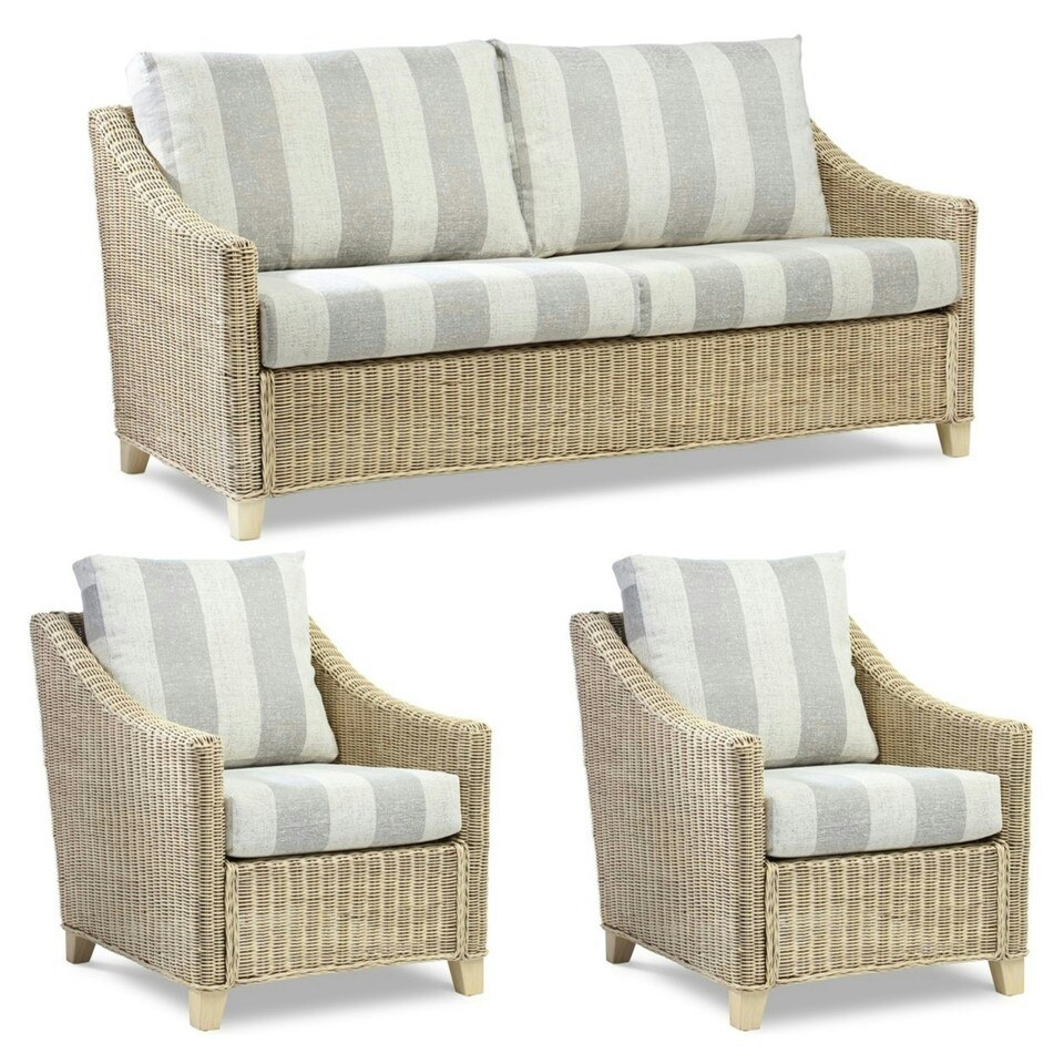 image 1 of Desser Dijon Natural 3 Seater Rattan Sofa Set in Athena Stripe - Conservatory Sofa Suite