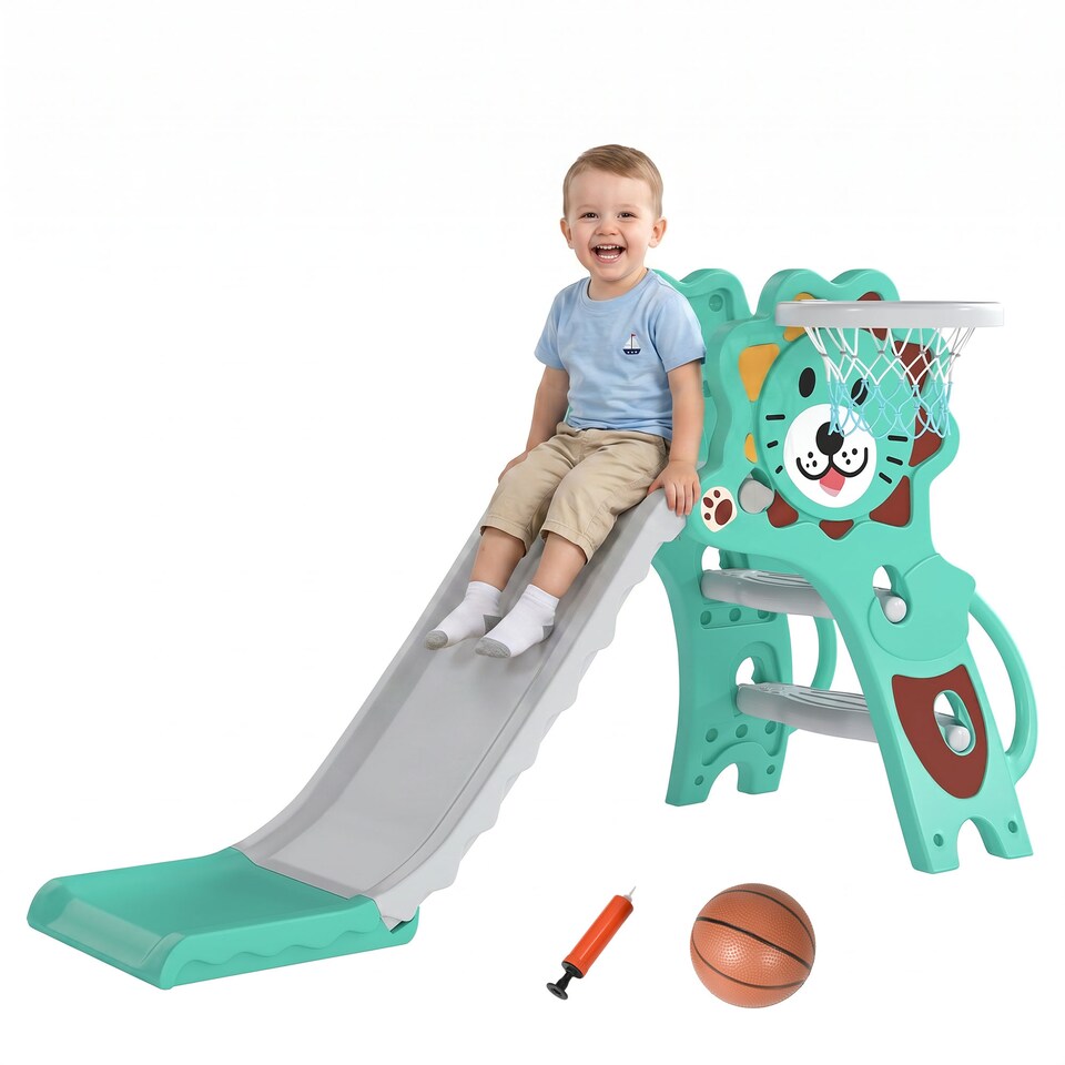 image 1 of AIYAPLAY 3 in 1 Kids Slide for Indoor with Basketball Hoop - Blue