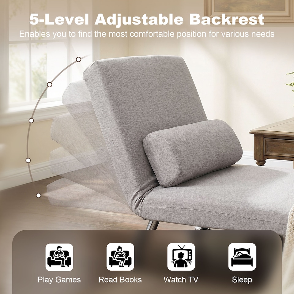 image 1 of HOMCOM Folding 5 Position Convertible Sleeper Chair Sofa Bed Grey Silver