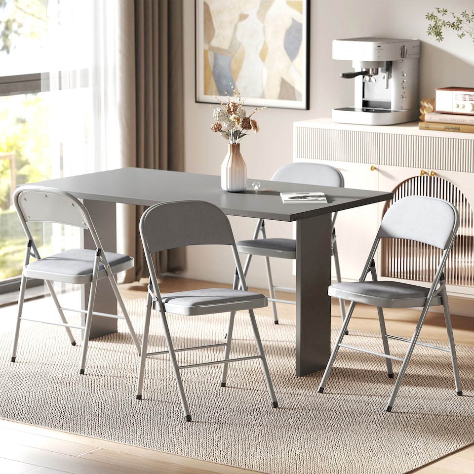image 1 of HOMCOM Folding Chairs Set of 4, Foldable Chairs with Cushions, Light Grey | Grey | Light Grey | One Size