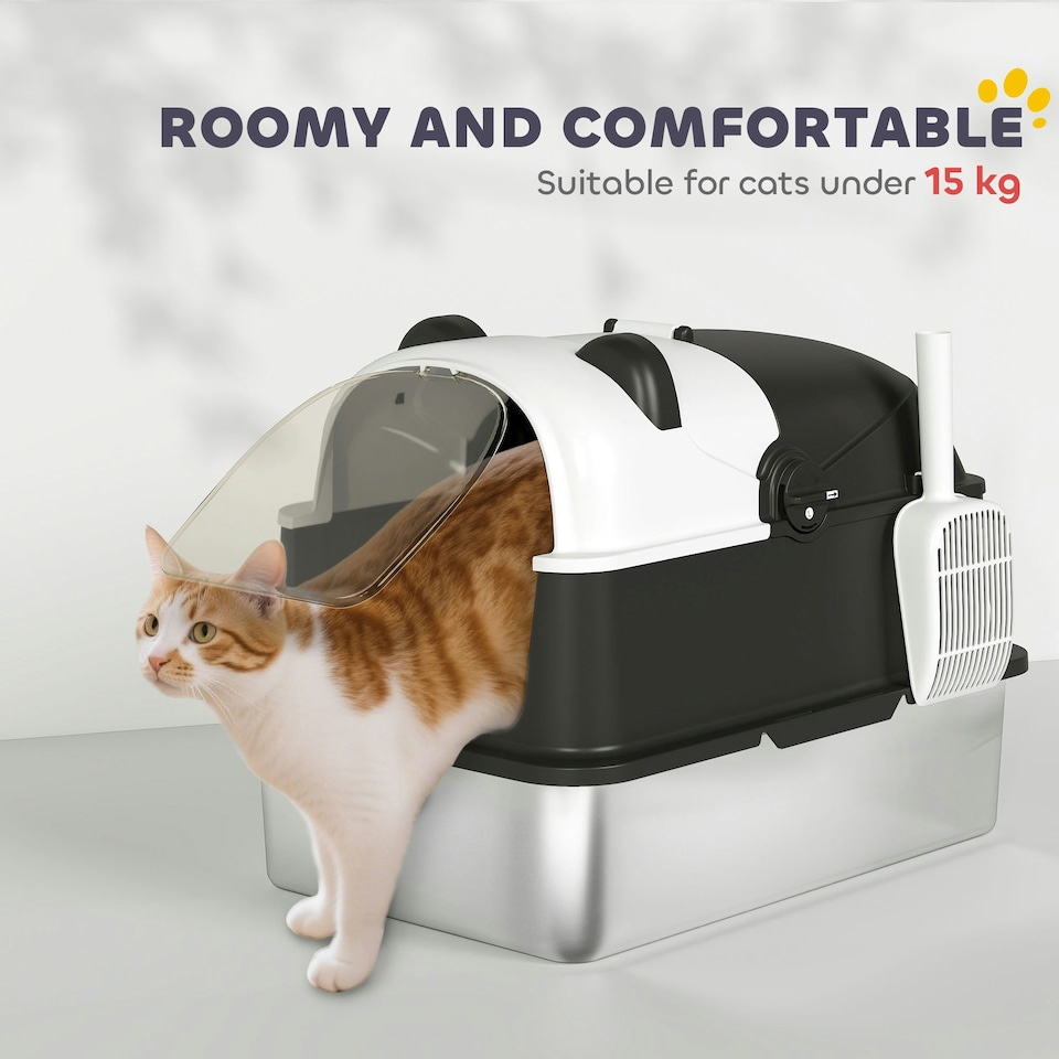 image 1 of PawHut XL Stainless Steel Litter Box Tray with Lid, Panda Style Black
