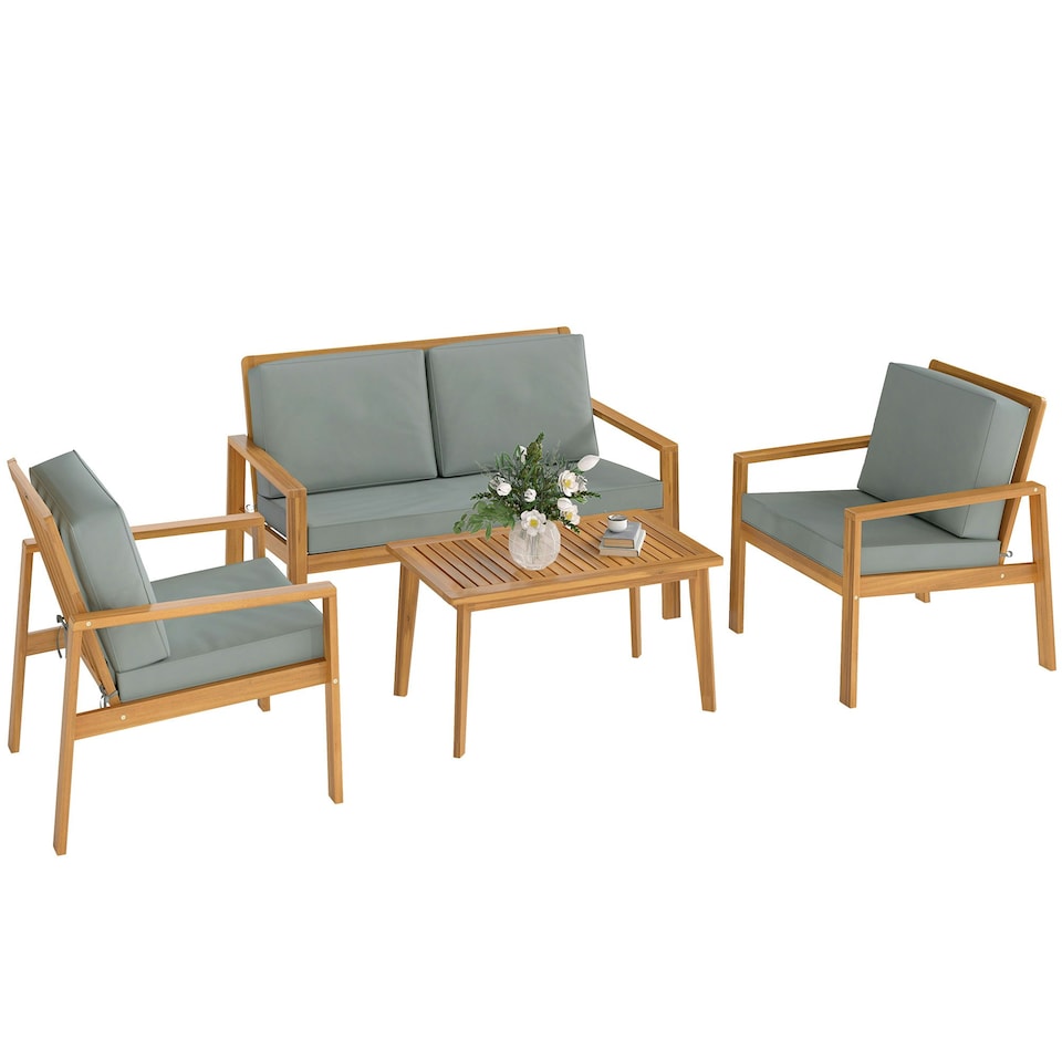 image 1 of Outsunny 4-Piece Wooden Set Cushions Teak