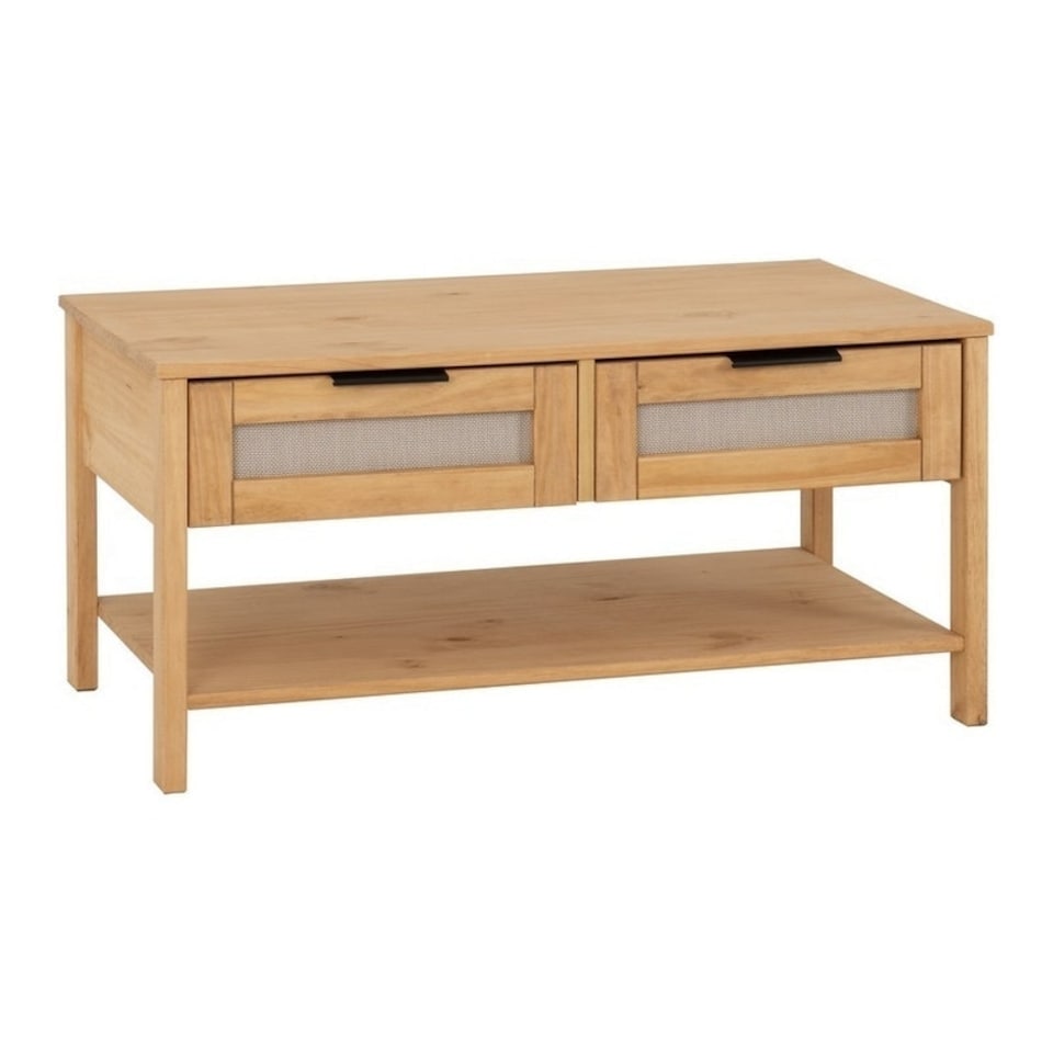 image 1 of Corona Rattan 2 Drawer Coffee Table - L50 x W90 x H43.5 cm - Distressed Wax Pine/Rattan Effect Brown