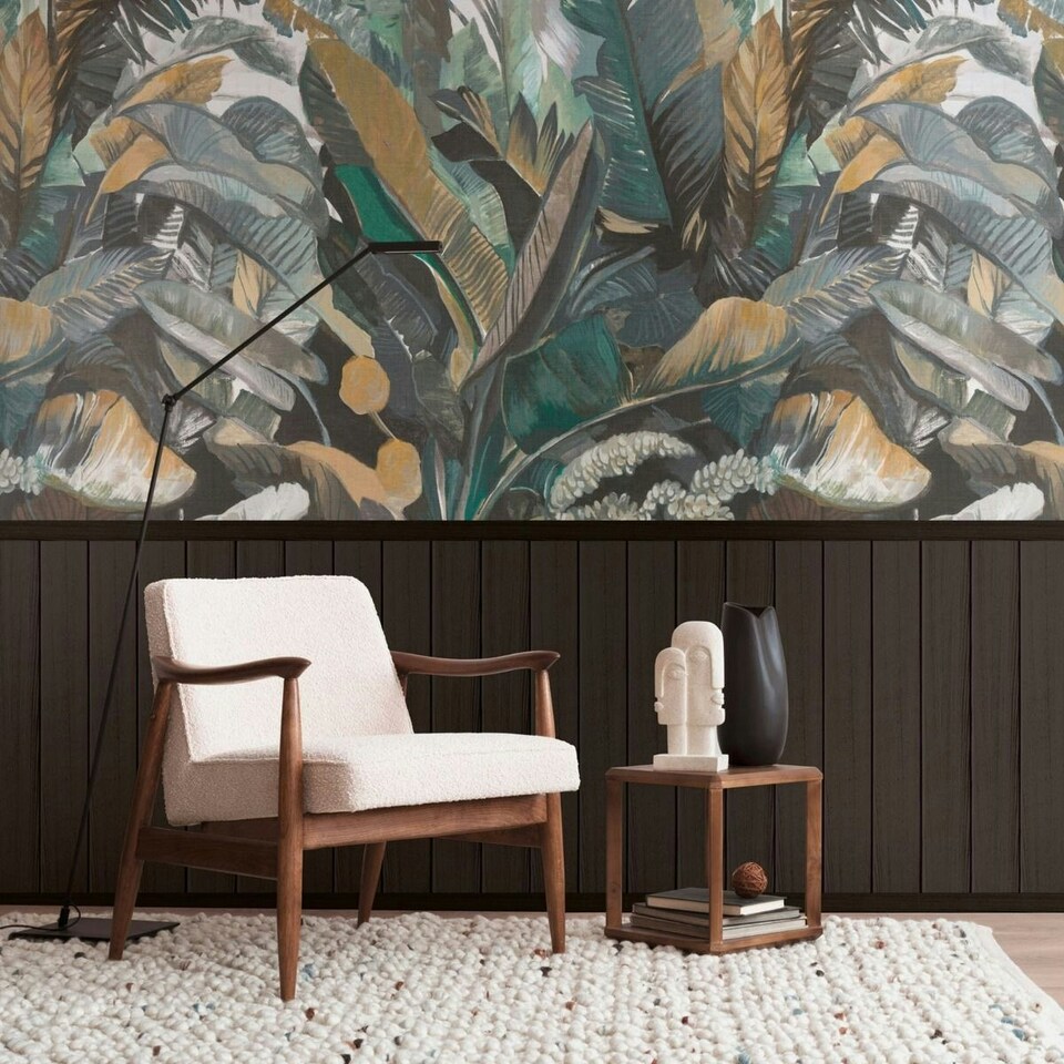 image 1 of AS Creation Tropical Leaf & Wood Slats 2 In 1 Vinyl Textured Wallpaper - Black/Multicoloured - 8.8m x 53cm Black