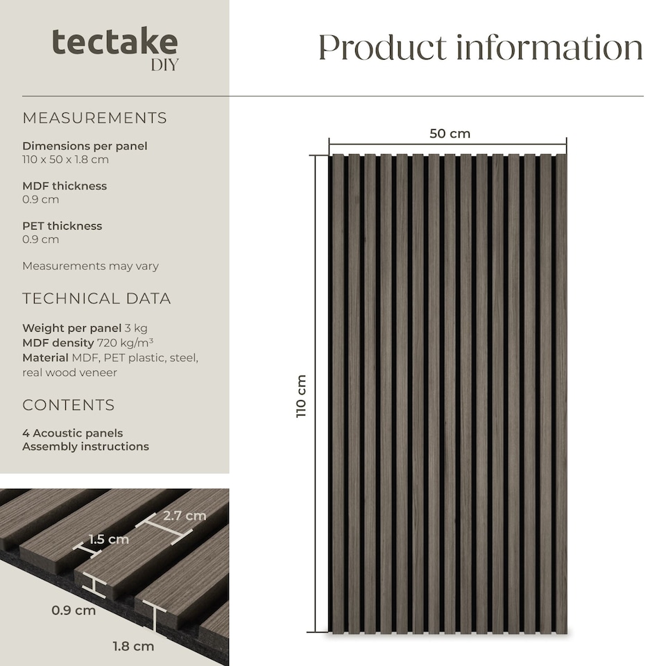 image 1 of Acoustic Wall Panels Sonic Wall II with Real Wood Veneer and Sound-Absorbing Felt | Grey | oak gray | 110 x 50 x 1.8 cm | 4
