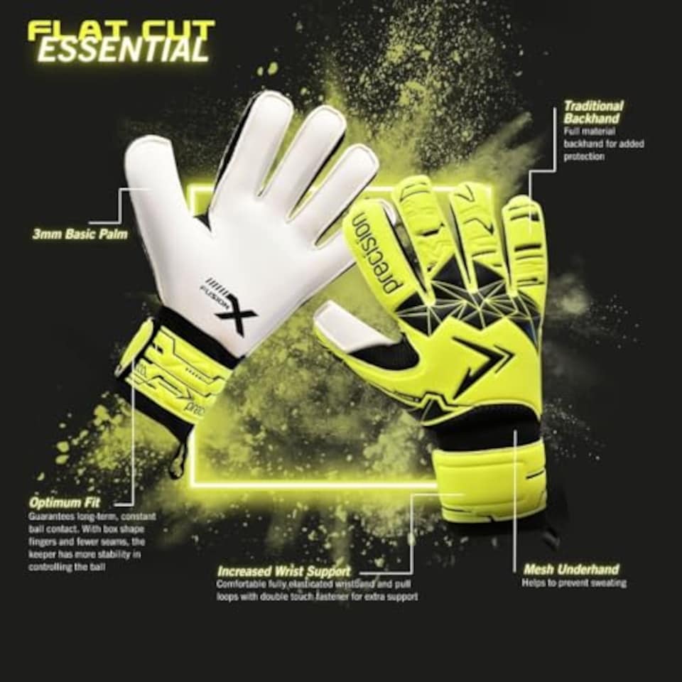 image 1 of Precision Training Fusion X Flat Cut Essential Football Kid's Goalkeeper Gloves, Fluo Yellow, 2