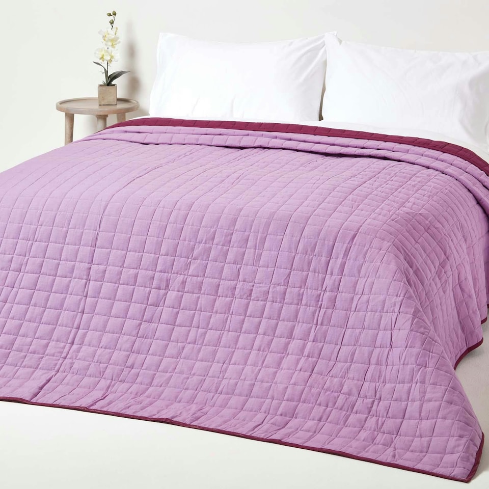 image 1 of Homescapes Cotton Quilted Reversible Bedspread Lavender Purple - 200 x 200 cm
