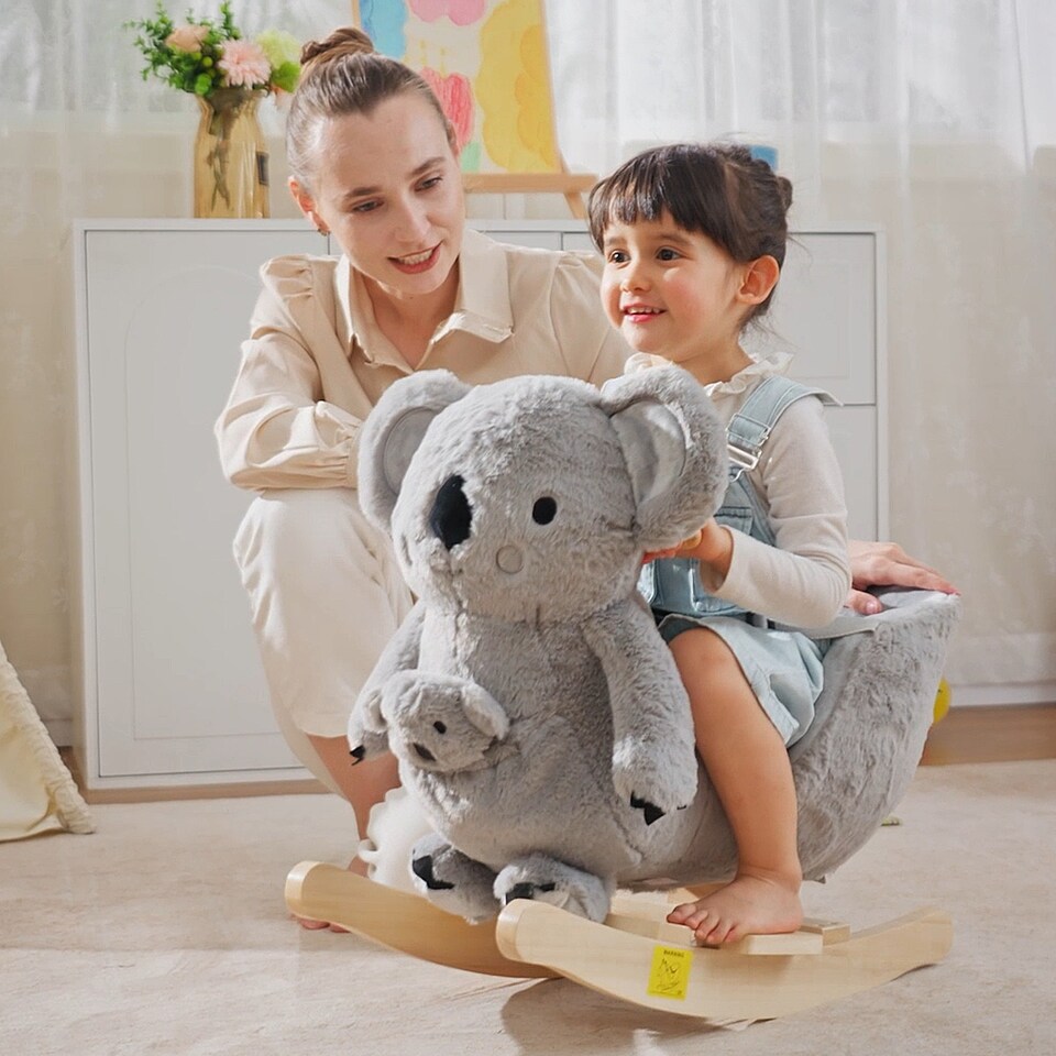 image 1 of HOMCOM Kids Toddler Rocking Horse Plush Ride On Koala Rocker Wooden Base Seat Safety Belt with Gloved Doll Toy for 18-36 Months Grey