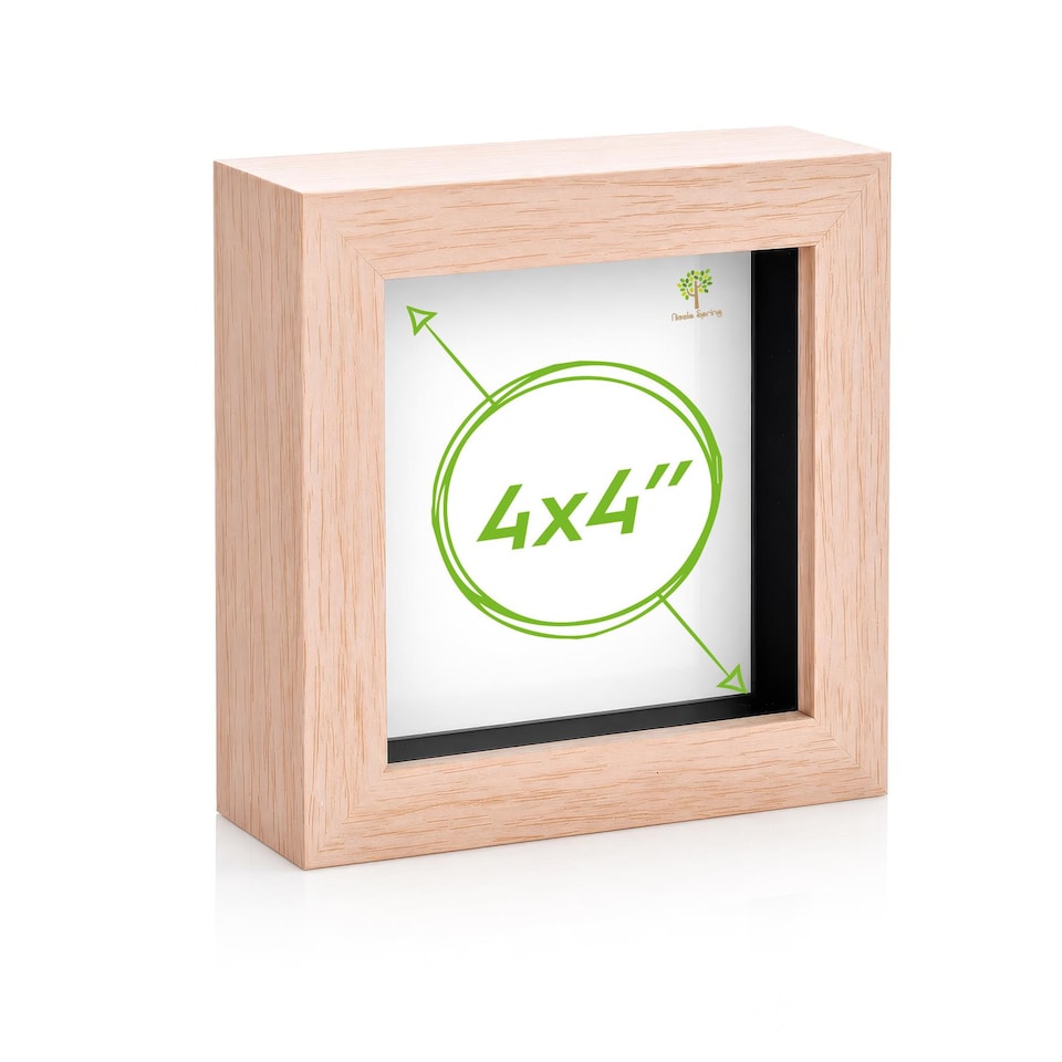 image 1 of Nicola Spring 4 x 4" Photo Frame - Light Wood - 3D Photo Frame Picture Frame Box Portrait Display Case (12.5 x 12.5cm)