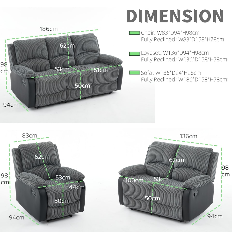 image 1 of Manual Reclining Sofa, Jumbo Cord Fabric Recliner 3 Seater Armchair - 3 Seater