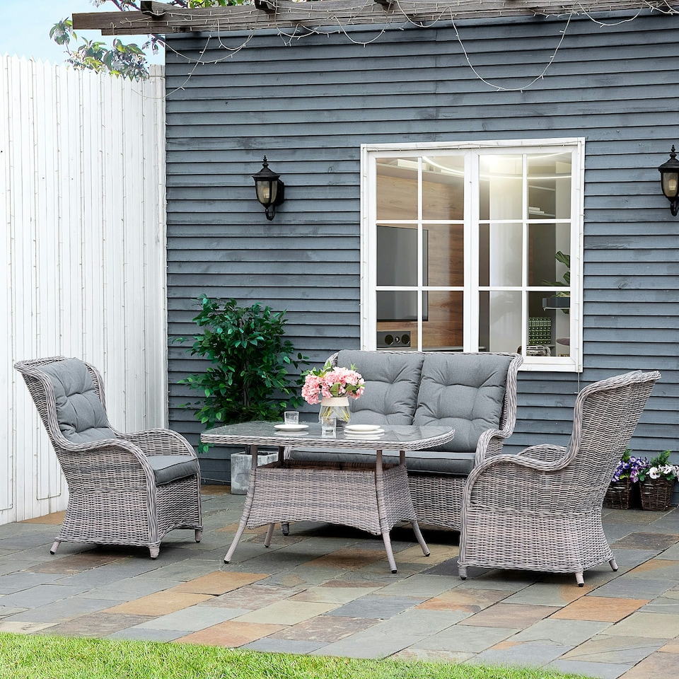 image 1 of Outsunny 4 PCs Outdoor Rattan Sofa Set Patio Garden Wicker Sofa Set