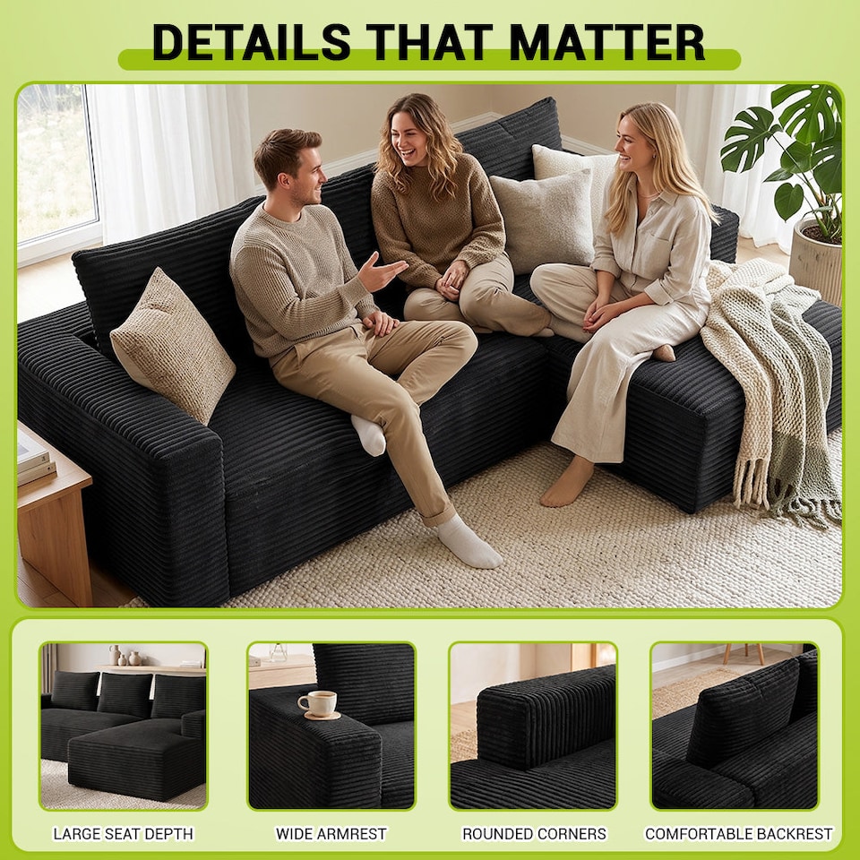 image 1 of Rattantree L Shaped Modular Sofa Corduroy Sectional Couch With Chaise