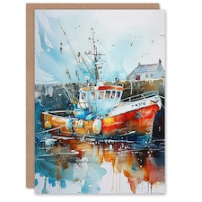 Sea Fishing Boat Harbour Watercolour Classic Him Her Birthday Card