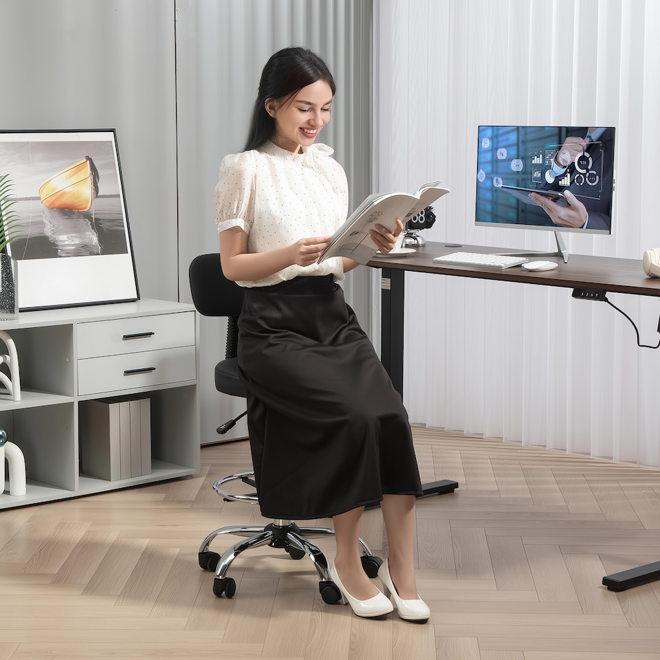 image 1 of HOMCOM Drafting Chair, Office Chair with Backrest and Adjustable Footrest, Height Adjustable Stool, Leather Padded Rolling Task Chair for Home Office, Black | Black