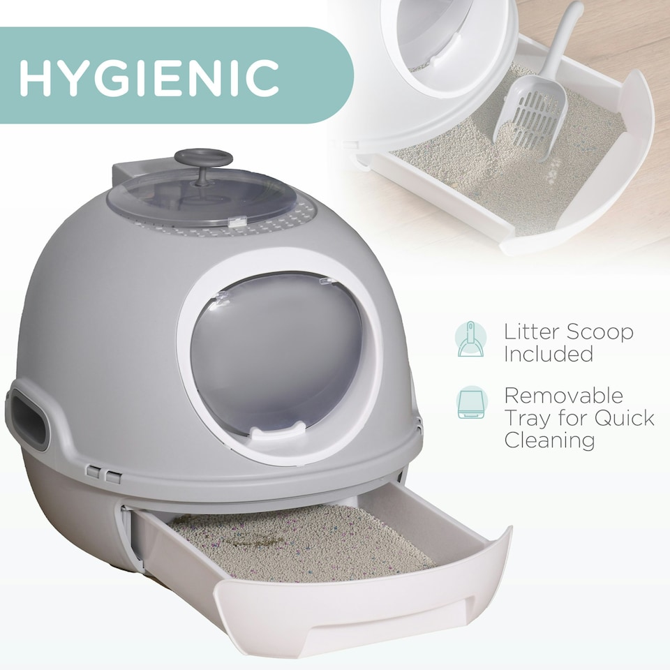 image 1 of PawHut Futuristic Capsule-Shaped Cat Litter Box w/ 2 Doors Scoop Drawer Grey