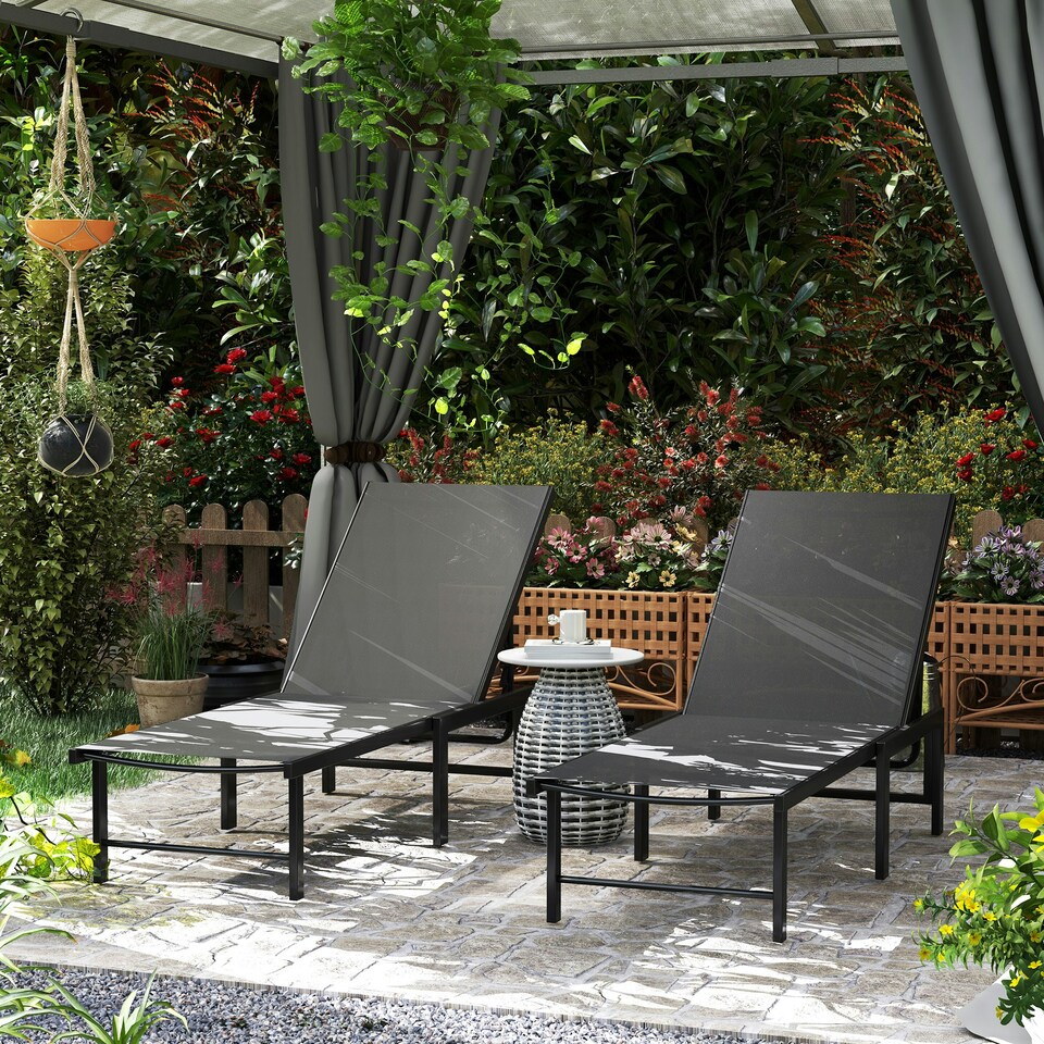 image 1 of Outsunny Sun Loungers Set of 2, 5-Level Reclining Sunbeds, Grey