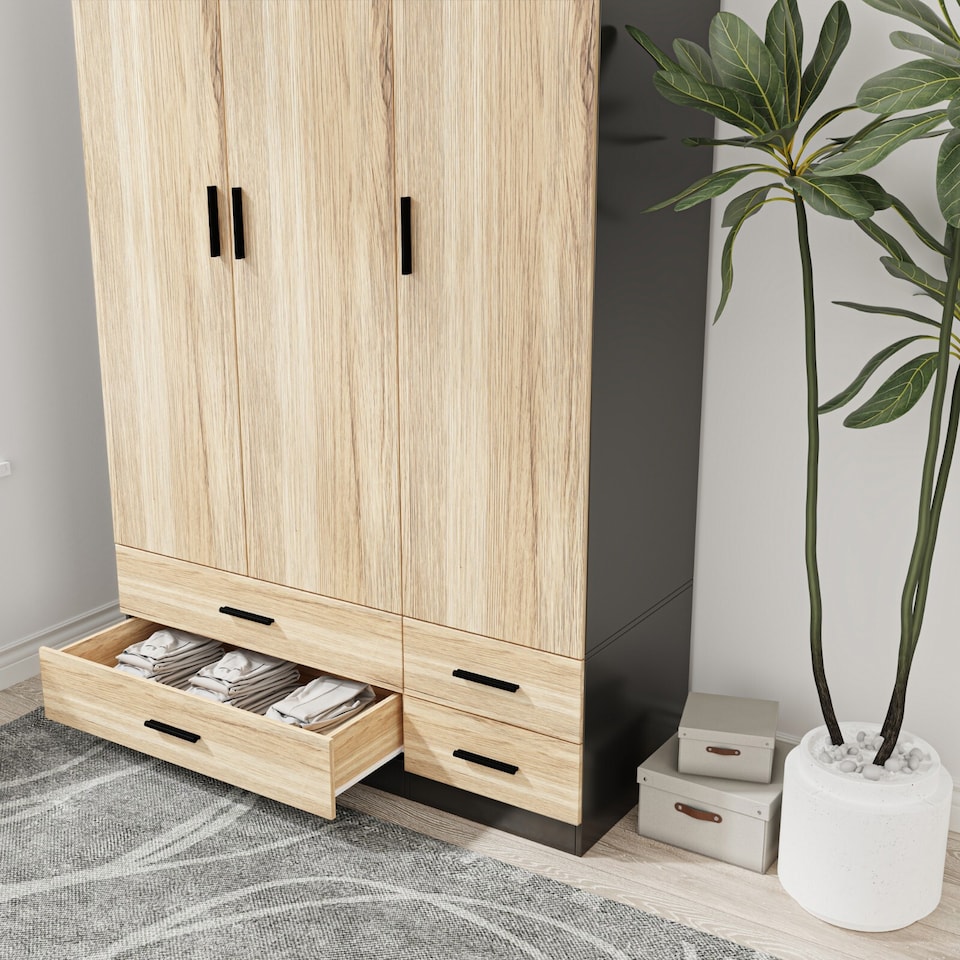 image 1 of 3 Door 4 Drawer Wardrobe With Hanging Rail And Storage Shelf | Black | Black Carcass & Oak Door | 1