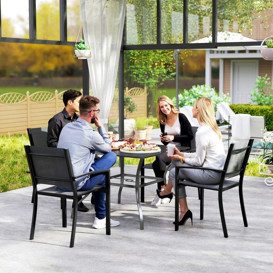 image 1 of Outsunny Garden Table with Parasol Hole for Four, Slatted Metal Plate Top Grey