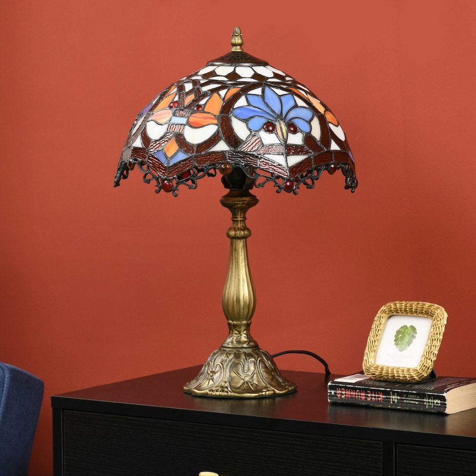 image 1 of HOMCOM Stained Glass Table Lamp, Handmade Antique Bedside Lamp