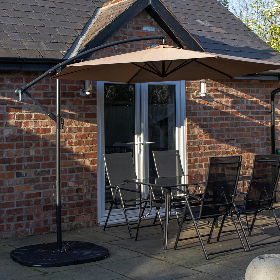 image 1 of Outdoor 4 Person Rectangular Glass Top Garden Dining Table Chairs With Beige Banana Parasol and Base