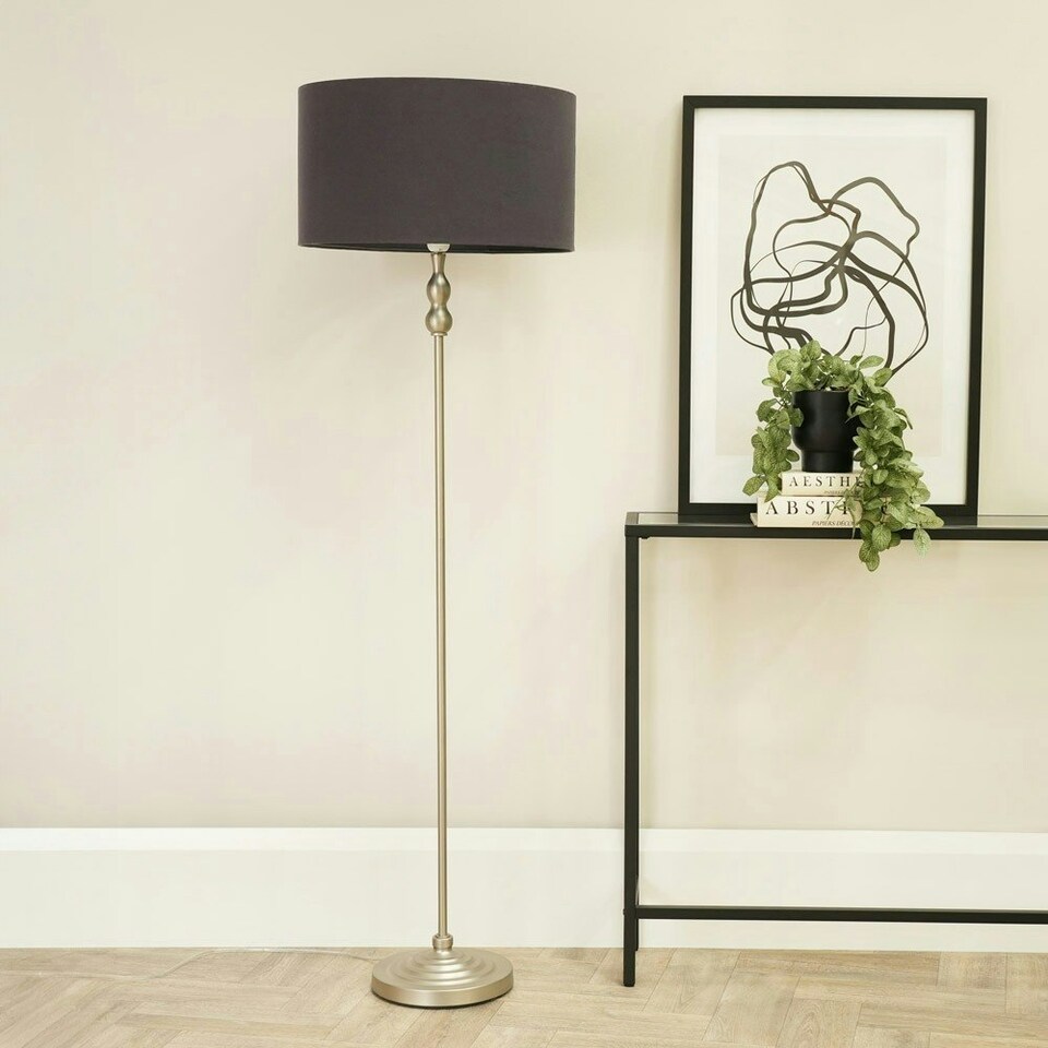 image 1 of ValueLights Maggie Brushed Chrome Silver Candlestick Floor Lamp with Charcoal Fabric Lamp Shade