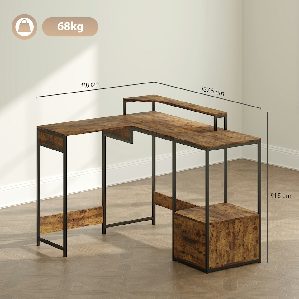 image 1 of HOMCOM L Shaped Desk, Computer Table with Liftable Desktop, Rustic Brown Brown | Black