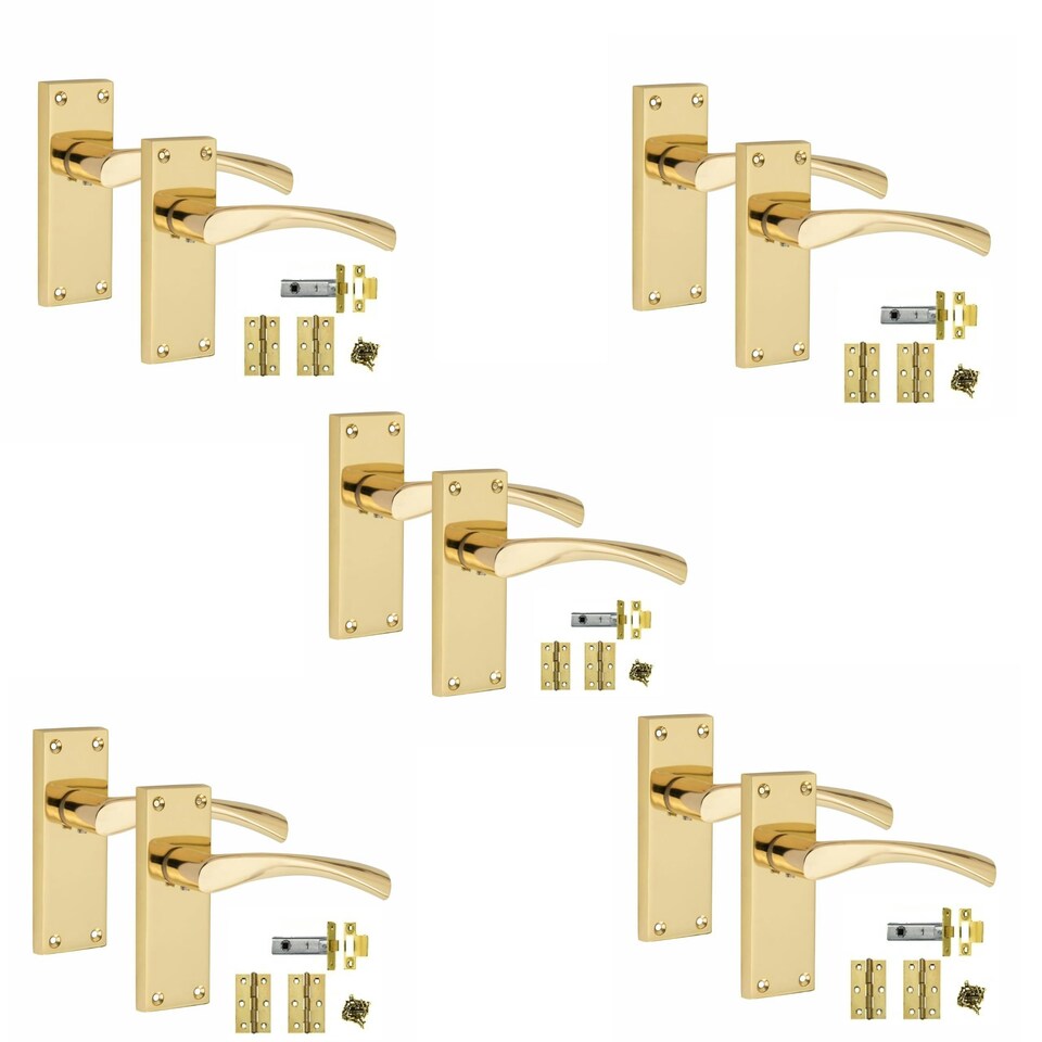 image 1 of Golden Grace 5 Sets Victorian Scroll Astrid Door Handles in Polished Brass with 1 Pair of 3" Standard Butt Hinges & Latches Pack - 120mm x 40mm Backplate Gold