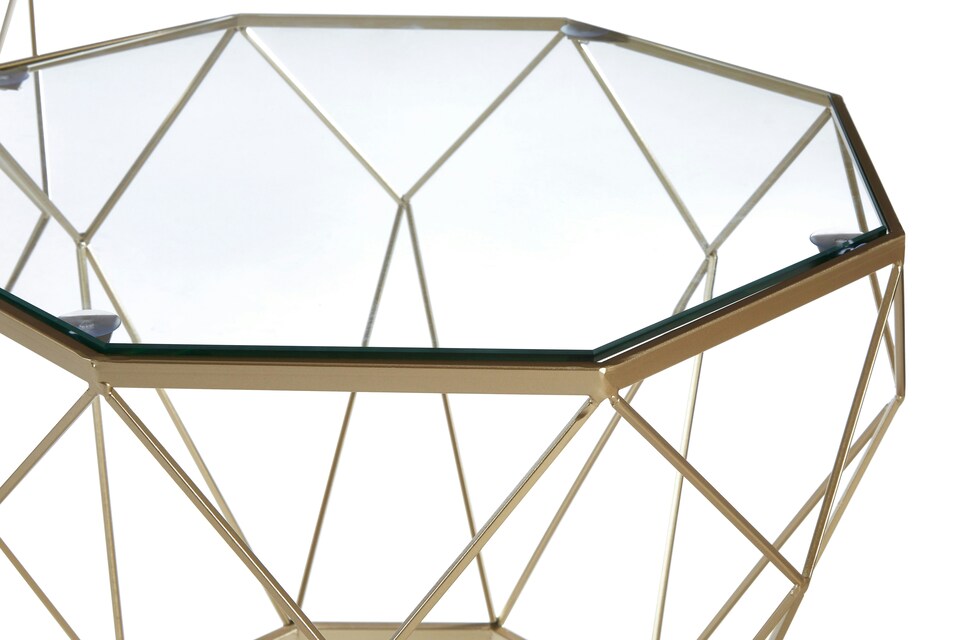 image 1 of Orsina Geometric Set Of 2 Clear Glass Tables, Iron Frame Side Table By Couch, Champagne Finish Lounge Table