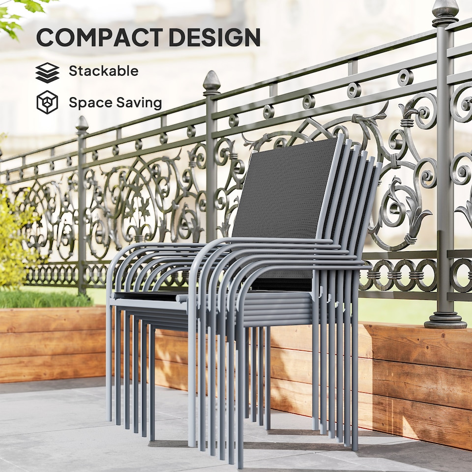 image 1 of Outsunny 7 Piece Garden Dining Set, Outdoor Table and 6 Stackable Chairs, Steel Frame, Tempered Glass Top Table, Mesh Seats, Black