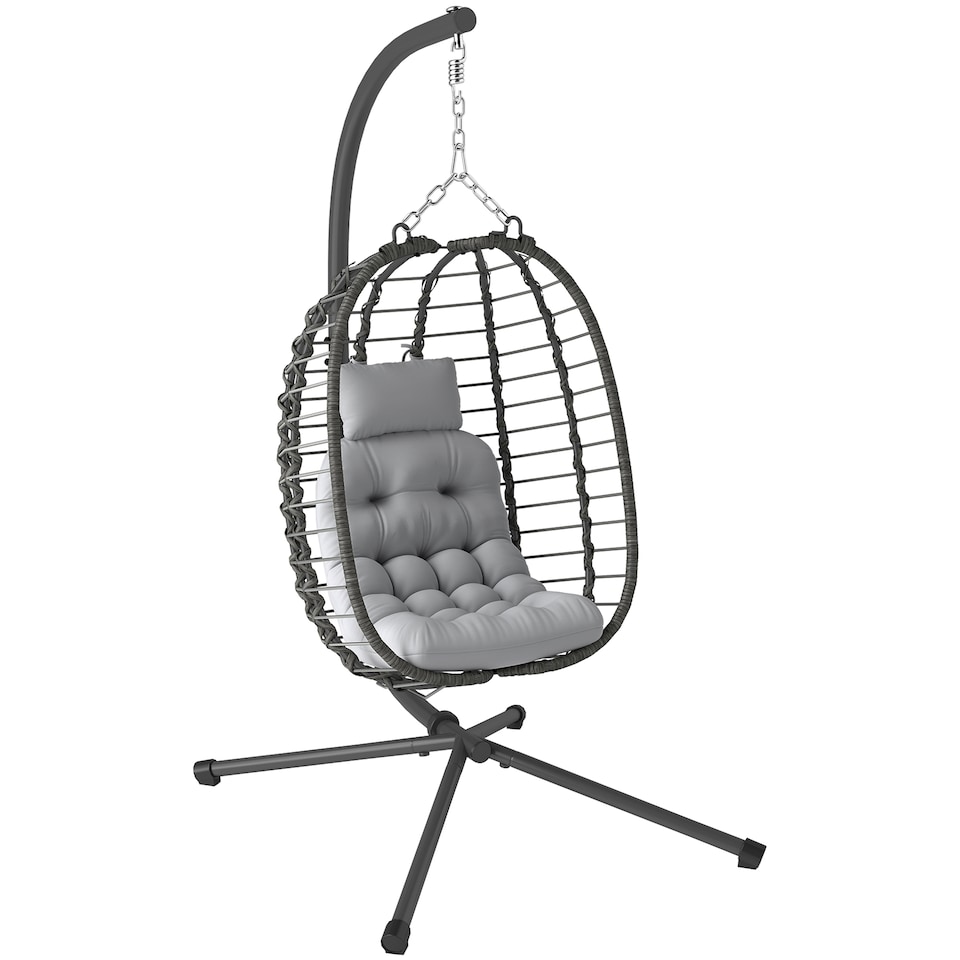 image 1 of Outsunny Rattan Hanging Egg Chair, Foldable Wicker Hammock Swing Chair with Cushion, Stand, Adjustable Height, Head Pillow, Steel Frame for Garden Patio Indoor Outdoor, Light Grey | Grey | Light Grey