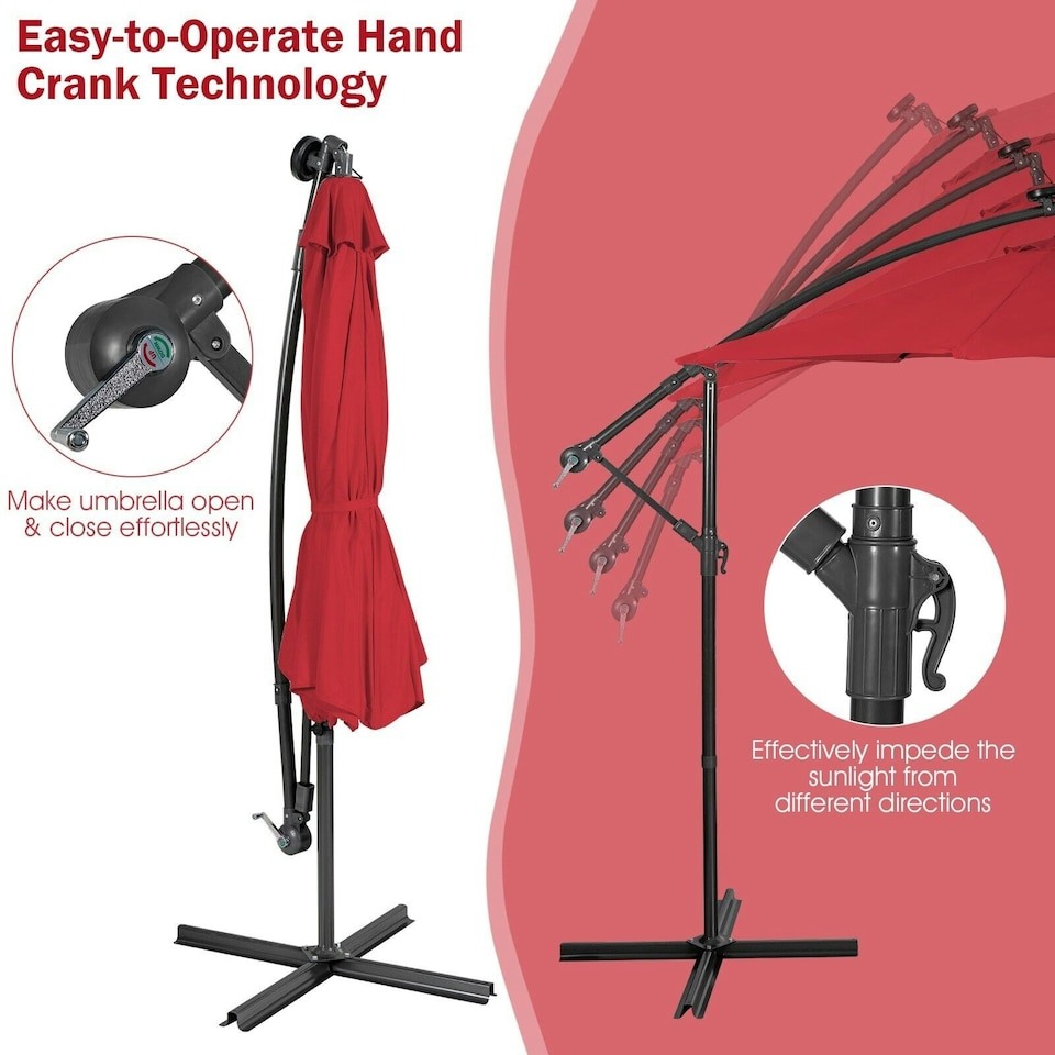 image 1 of COSTWAY 10FT Cantilever Parasol Patio Offset Umbrella LED Lights Red